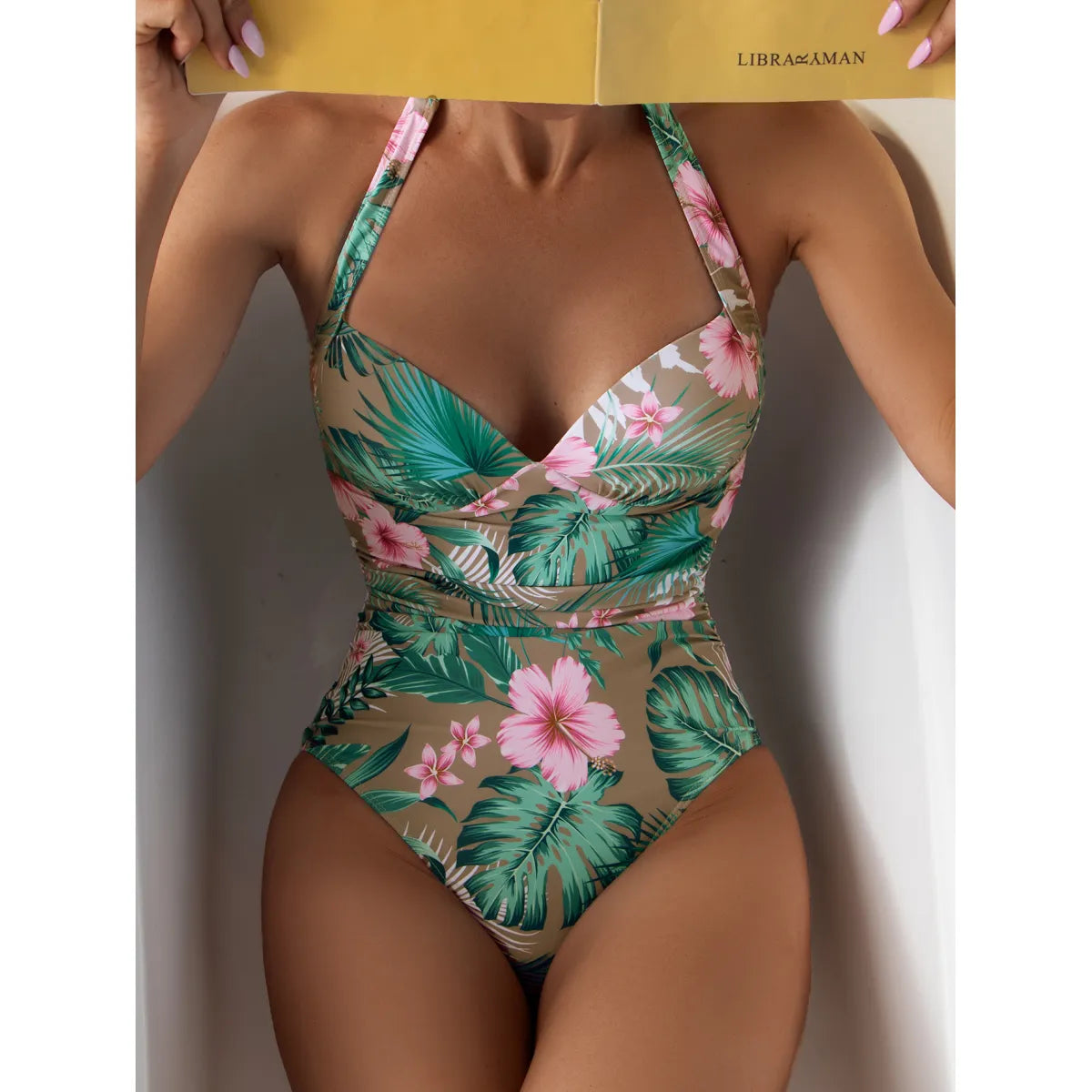 Conservative Printed Halter One-Piece Swimsuit